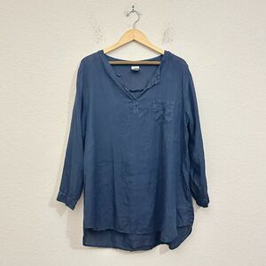 MATCH POINT Linen Tunic Top Navy Blue LS Lightweight Pre-Shrunk Y2K